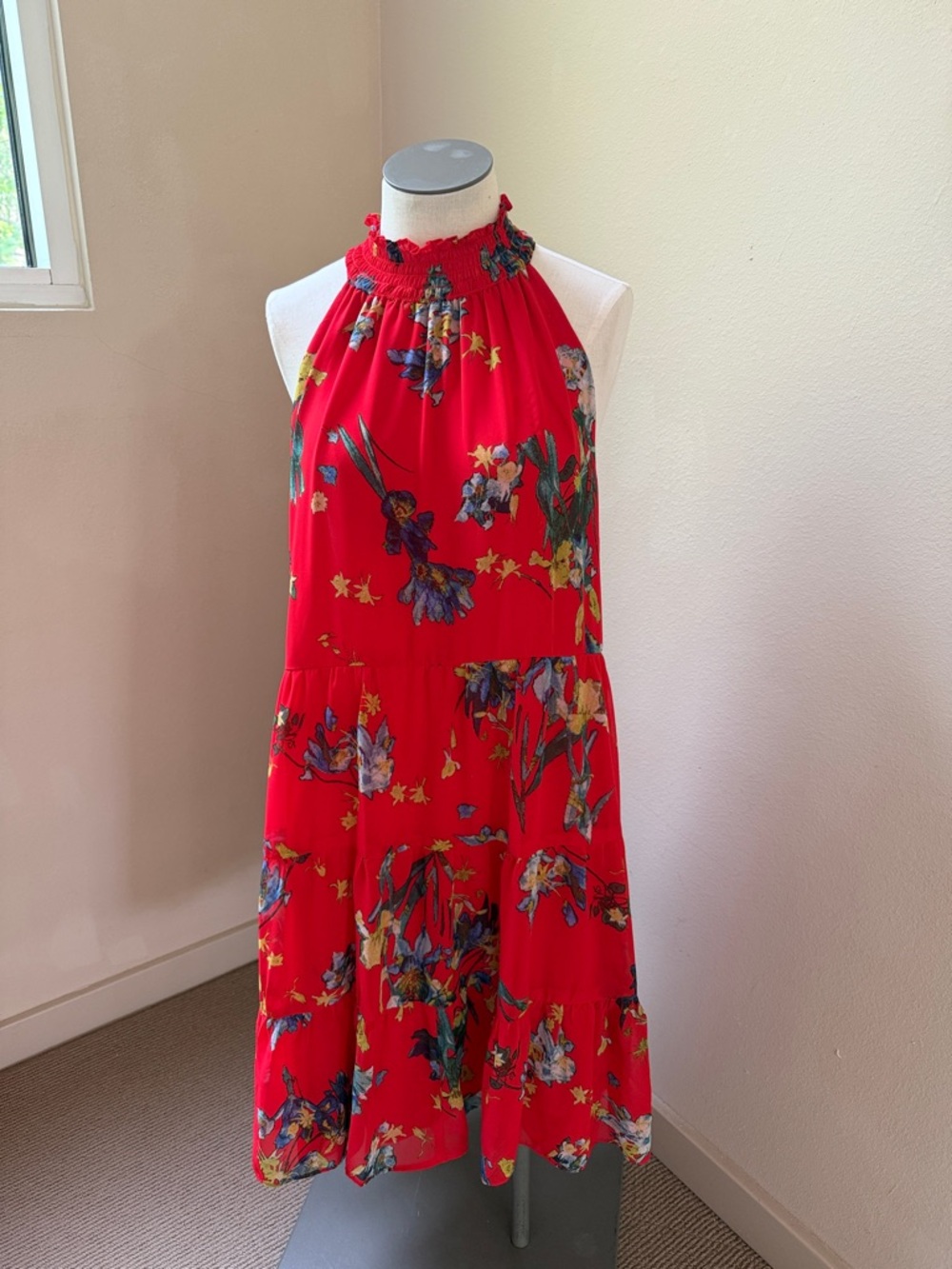 EUC CeCe Floral Print Halter Neck Smocked Midi Dress Red Large